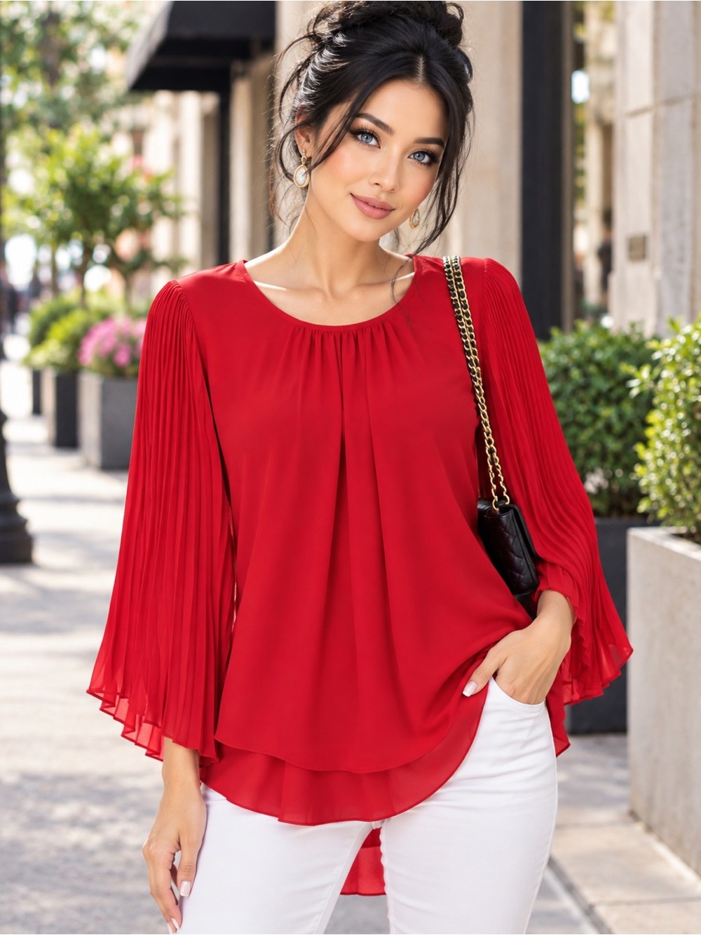 Vince Camuto Elegant Red Pleated-Sleeve Women's Blouse